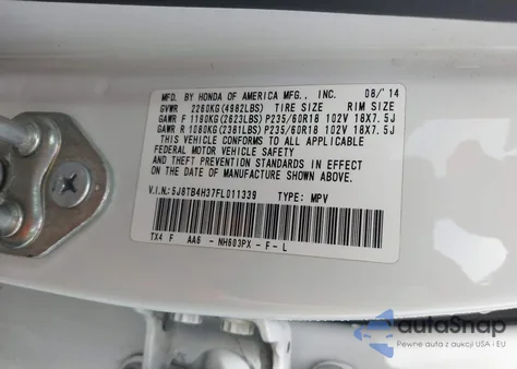 2015 Acura Rdx from USA, damaged, VIN 5J8TB4H37FL011339